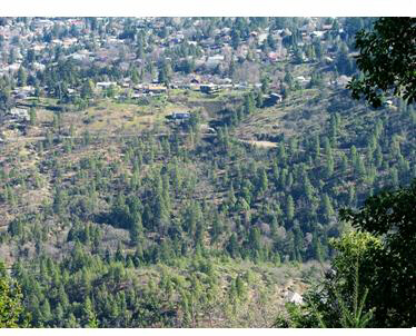 Aerial view of Ashland showing hillside homes and fuels.
 